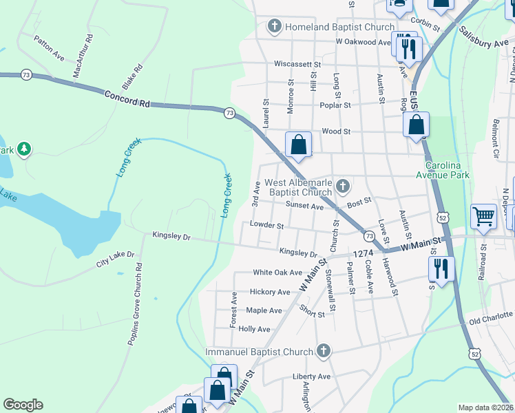 map of restaurants, bars, coffee shops, grocery stores, and more near 1725 Sunset Avenue in Albemarle