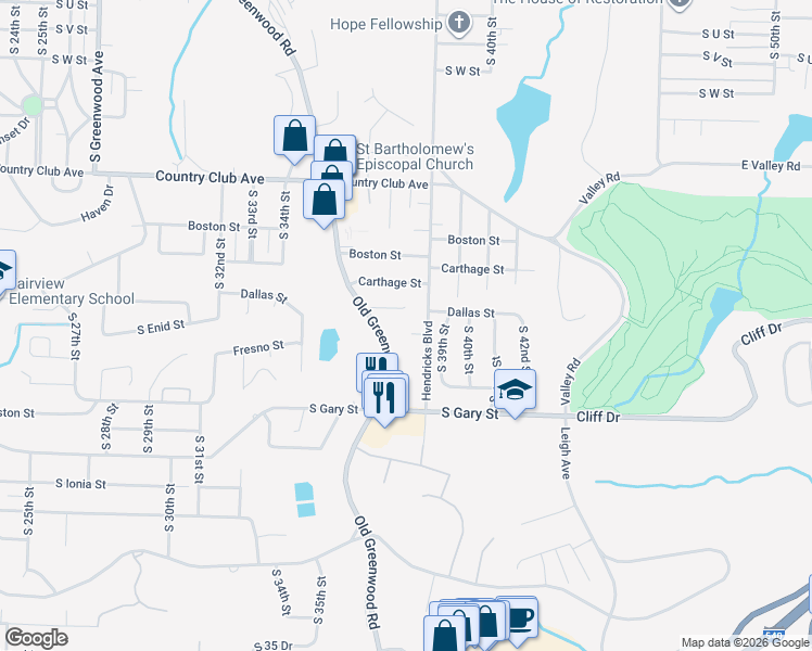 map of restaurants, bars, coffee shops, grocery stores, and more near 3715 Hendricks Circle in Fort Smith