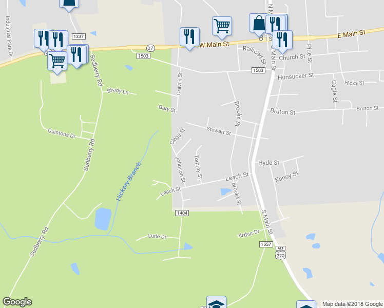 map of restaurants, bars, coffee shops, grocery stores, and more near 525 Tommy Street in Biscoe