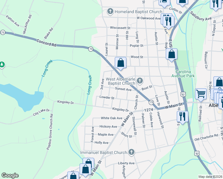map of restaurants, bars, coffee shops, grocery stores, and more near 222 2nd Avenue in Albemarle