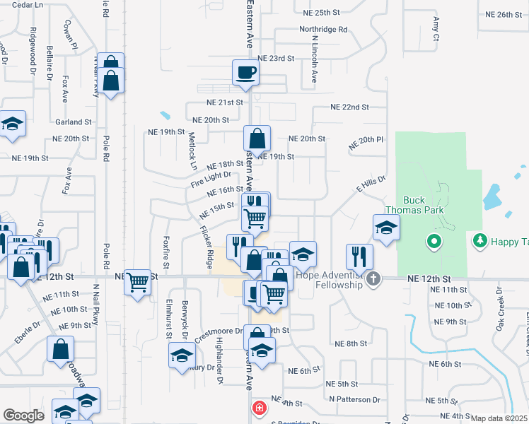 map of restaurants, bars, coffee shops, grocery stores, and more near 809 East Hills Drive in Moore