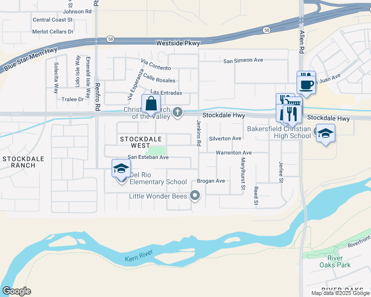 map of restaurants, bars, coffee shops, grocery stores, and more near 13805 Veracruz Drive in Bakersfield