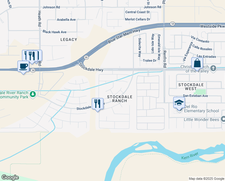 map of restaurants, bars, coffee shops, grocery stores, and more near 15117 Kingsbury Court in Bakersfield
