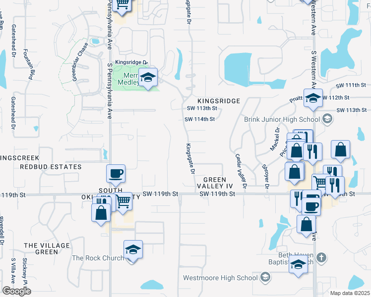 map of restaurants, bars, coffee shops, grocery stores, and more near 1325 Southwest 116th Place in Oklahoma City