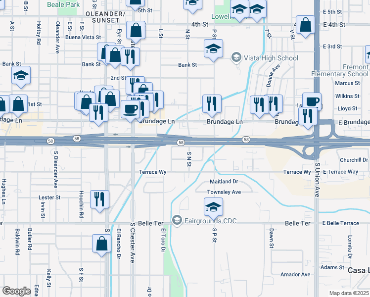 map of restaurants, bars, coffee shops, grocery stores, and more near 1103 Snyder Lane in Bakersfield