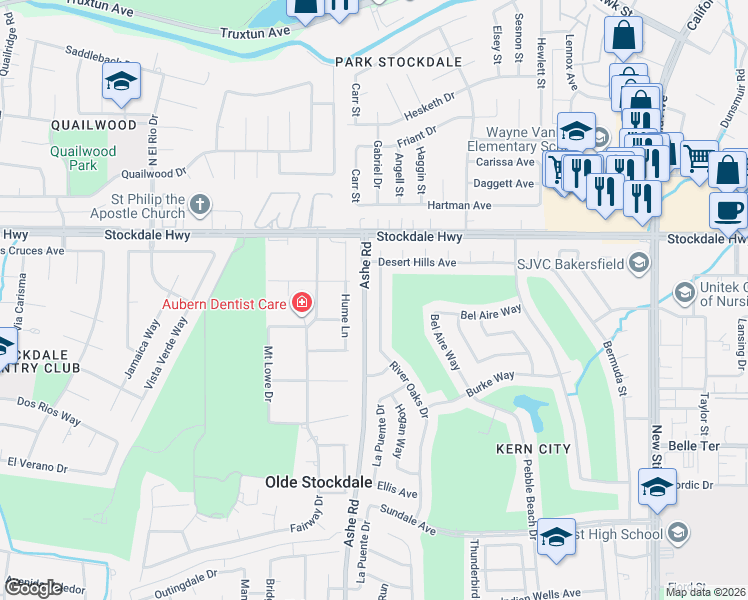 map of restaurants, bars, coffee shops, grocery stores, and more near 309 River Oaks Drive in Bakersfield