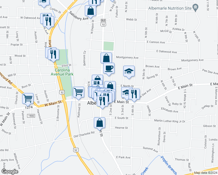 map of restaurants, bars, coffee shops, grocery stores, and more near 117 West North Street in Albemarle
