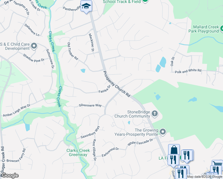 map of restaurants, bars, coffee shops, grocery stores, and more near 4201 Prosperity Church Road in Charlotte