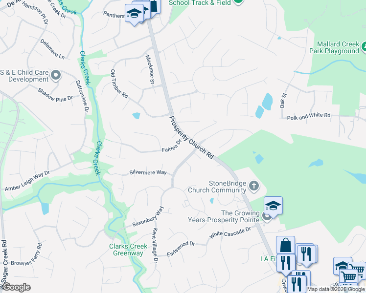 map of restaurants, bars, coffee shops, grocery stores, and more near 4201 Prosperity Church Road in Charlotte