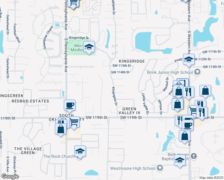 map of restaurants, bars, coffee shops, grocery stores, and more near 1325 Southwest 116th Place in Oklahoma City