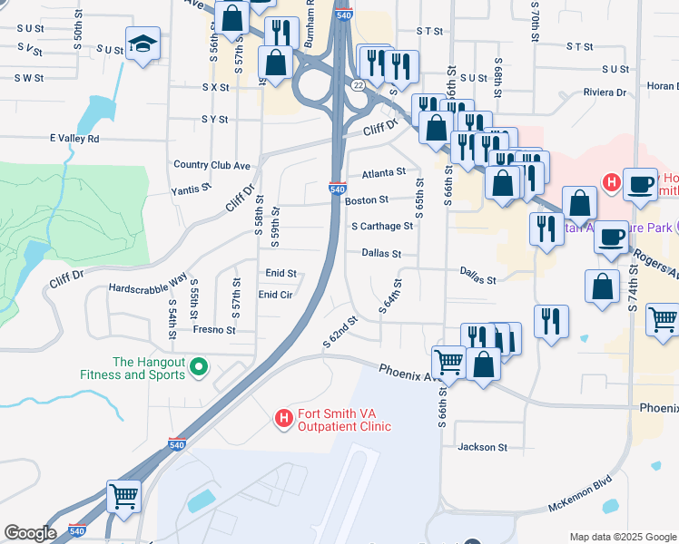 map of restaurants, bars, coffee shops, grocery stores, and more near 3112 South 62nd Street in Fort Smith
