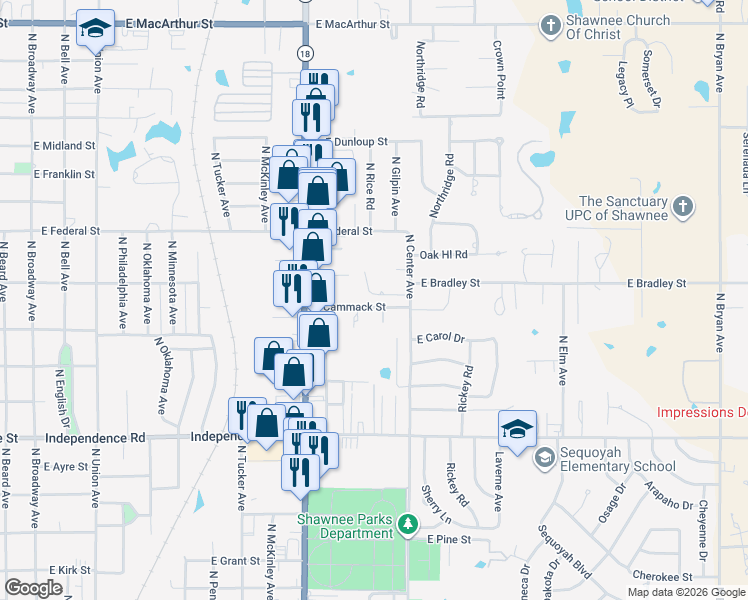 map of restaurants, bars, coffee shops, grocery stores, and more near 1121 East Cammack Street in Shawnee