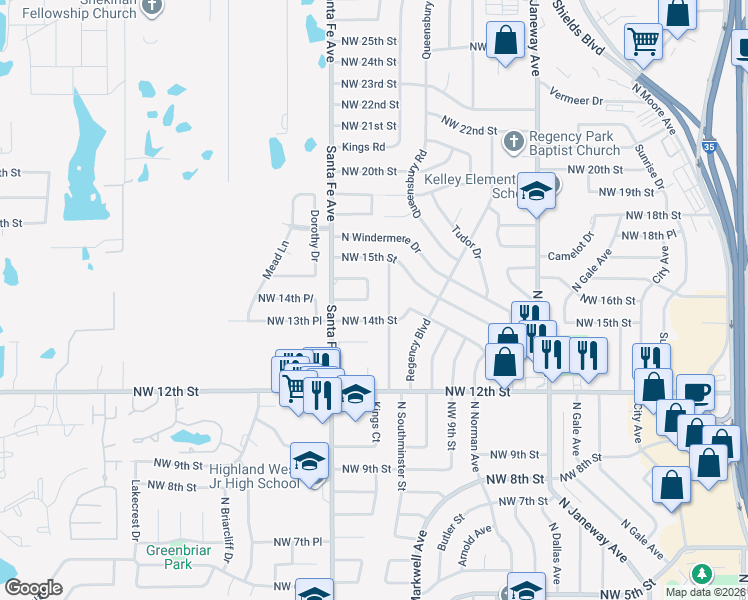 map of restaurants, bars, coffee shops, grocery stores, and more near 1008 Northwest 14th Place in Moore