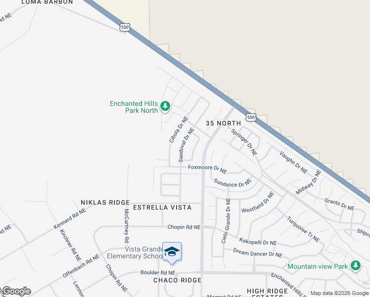 map of restaurants, bars, coffee shops, grocery stores, and more near 5526 Sandoval Drive Northeast in Rio Rancho