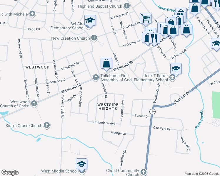map of restaurants, bars, coffee shops, grocery stores, and more near 106 Cumberland Court in Tullahoma
