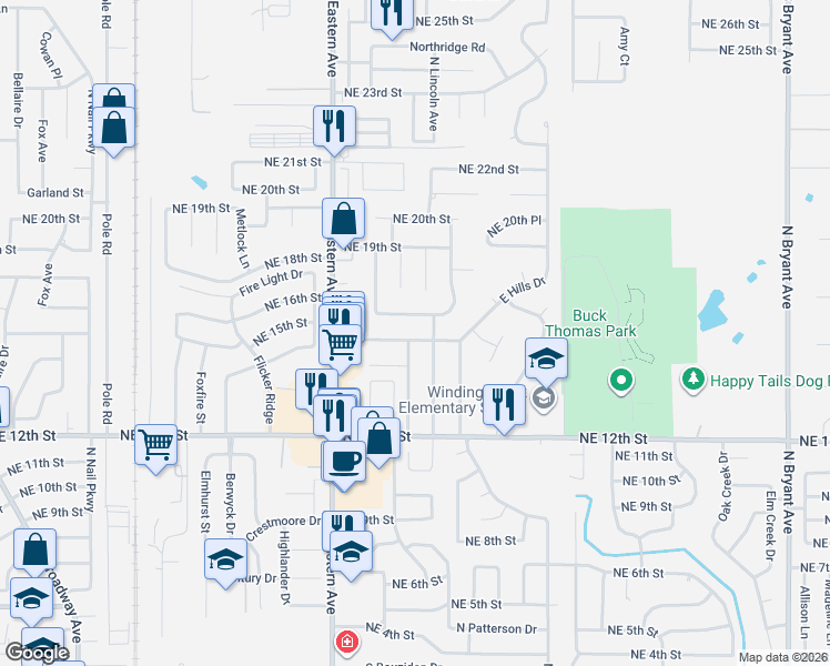 map of restaurants, bars, coffee shops, grocery stores, and more near 1013 East Hills Drive in Moore