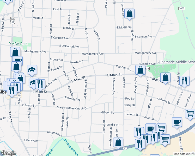 map of restaurants, bars, coffee shops, grocery stores, and more near 35 South Cotton Avenue in Albemarle