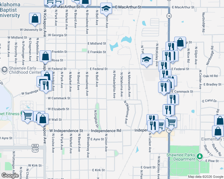 map of restaurants, bars, coffee shops, grocery stores, and more near 1823 North Philadelphia Avenue in Shawnee