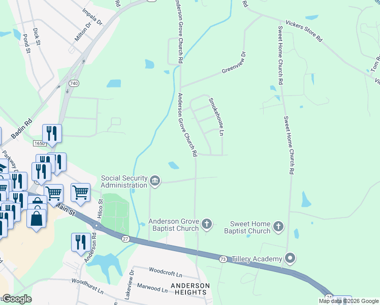 map of restaurants, bars, coffee shops, grocery stores, and more near 325 Anderson Grove Church Road in Albemarle