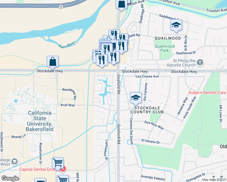 map of restaurants, bars, coffee shops, grocery stores, and more near 8000 Kroll Way in Bakersfield