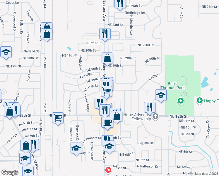 map of restaurants, bars, coffee shops, grocery stores, and more near 809 East Hills Drive in Moore