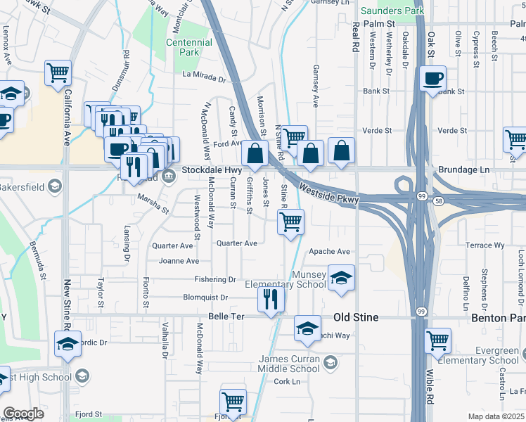 map of restaurants, bars, coffee shops, grocery stores, and more near 129 Jones Street in Bakersfield