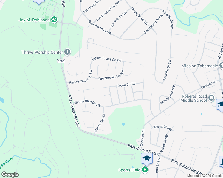 map of restaurants, bars, coffee shops, grocery stores, and more near 724 Bunker Grass Lane Southwest in Concord