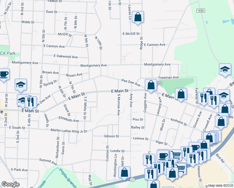 map of restaurants, bars, coffee shops, grocery stores, and more near 122 South Morrow Avenue in Albemarle