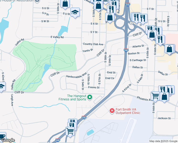 map of restaurants, bars, coffee shops, grocery stores, and more near 5500 Hardscrabble Way in Fort Smith