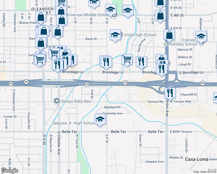 map of restaurants, bars, coffee shops, grocery stores, and more near 216 South P Street in Bakersfield