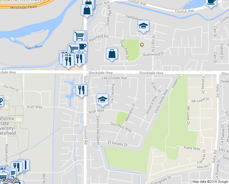 map of restaurants, bars, coffee shops, grocery stores, and more near 7612 Calle Corta in Bakersfield