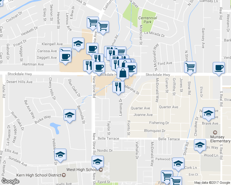 map of restaurants, bars, coffee shops, grocery stores, and more near in Bakersfield