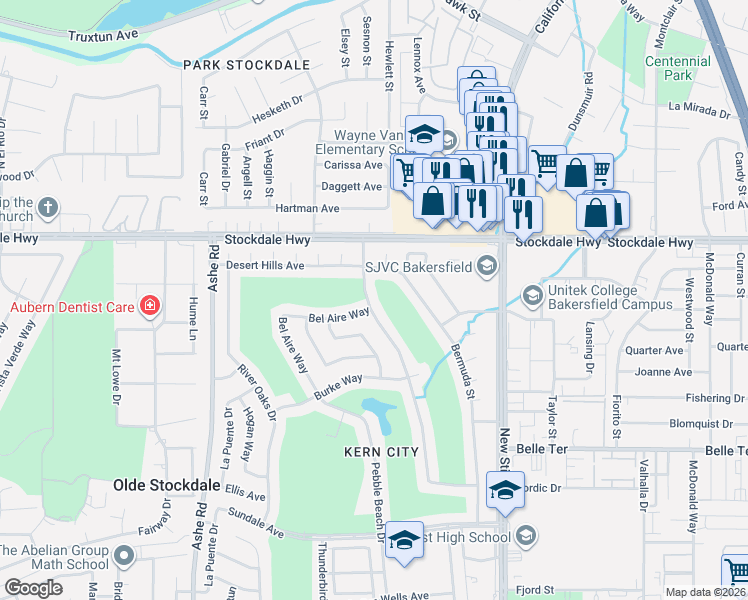 map of restaurants, bars, coffee shops, grocery stores, and more near 5900 Bel Aire Way in Bakersfield