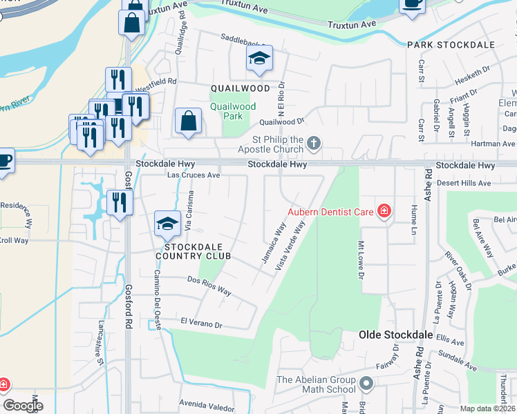 map of restaurants, bars, coffee shops, grocery stores, and more near 400 Starmount Court in Bakersfield