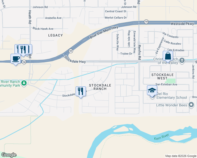map of restaurants, bars, coffee shops, grocery stores, and more near 15117 Kingsbury Court in Bakersfield