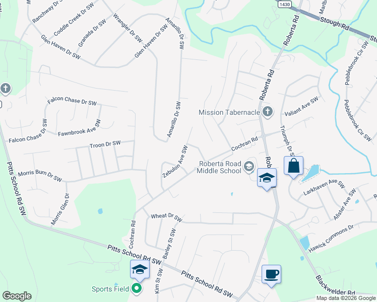 map of restaurants, bars, coffee shops, grocery stores, and more near 4104 Zebulon Avenue Southwest in Concord