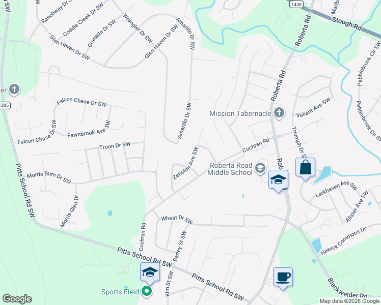 map of restaurants, bars, coffee shops, grocery stores, and more near 4104 Zebulon Avenue Southwest in Concord