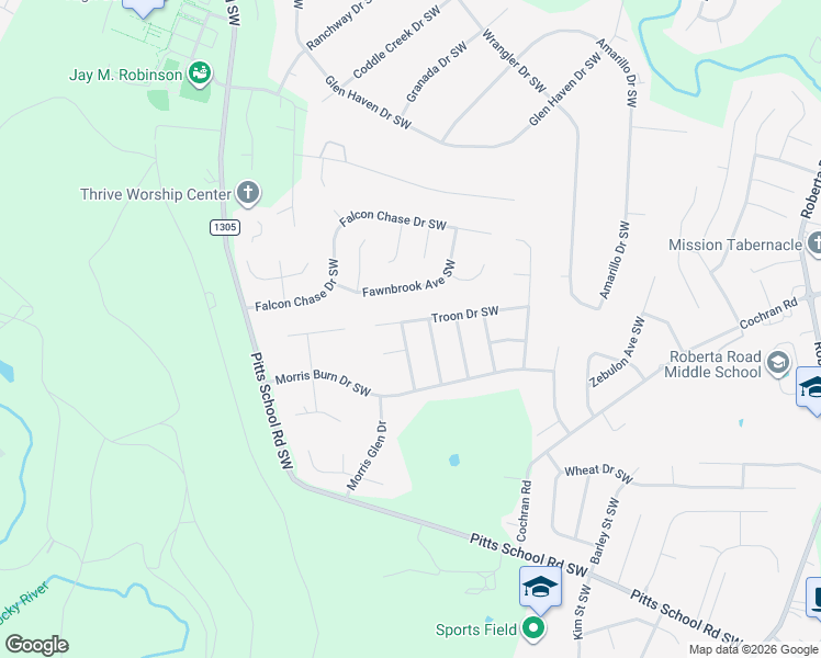 map of restaurants, bars, coffee shops, grocery stores, and more near 724 Bunker Grass Lane Southwest in Concord