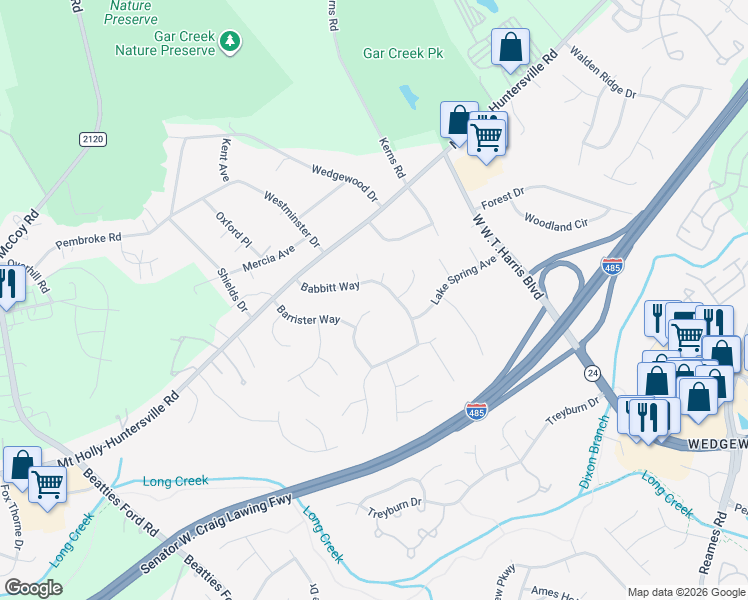 map of restaurants, bars, coffee shops, grocery stores, and more near 9015 Carastan Drive in Charlotte
