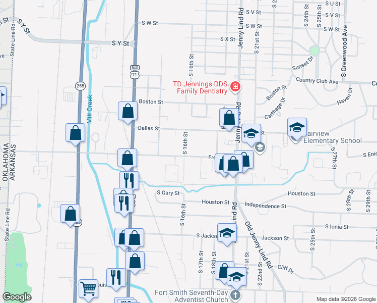 map of restaurants, bars, coffee shops, grocery stores, and more near 1601 Fresno Street in Fort Smith