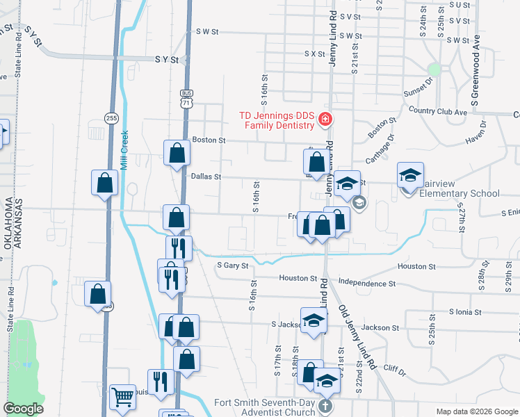 map of restaurants, bars, coffee shops, grocery stores, and more near 1601 Fresno Street in Fort Smith