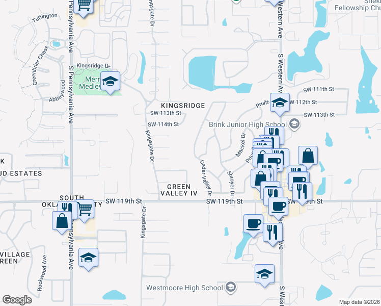map of restaurants, bars, coffee shops, grocery stores, and more near 11629 Cedar Valley Drive in Oklahoma City