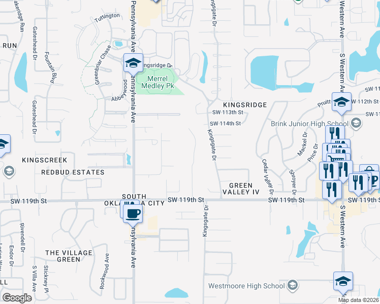 map of restaurants, bars, coffee shops, grocery stores, and more near 11621 Copper Trails Lane in Oklahoma City