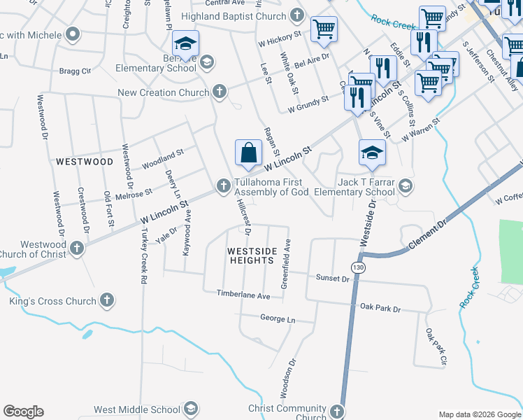 map of restaurants, bars, coffee shops, grocery stores, and more near 106 Cumberland Court in Tullahoma
