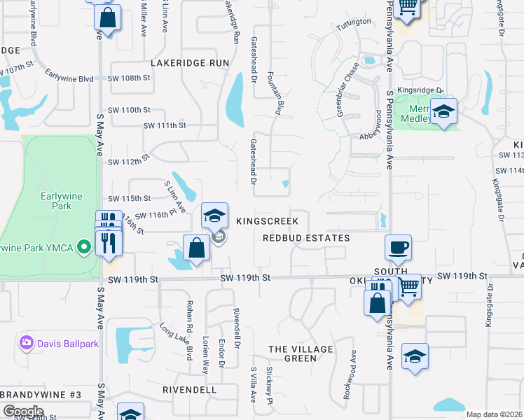 map of restaurants, bars, coffee shops, grocery stores, and more near 2413 Southwest 117th Street in Oklahoma City