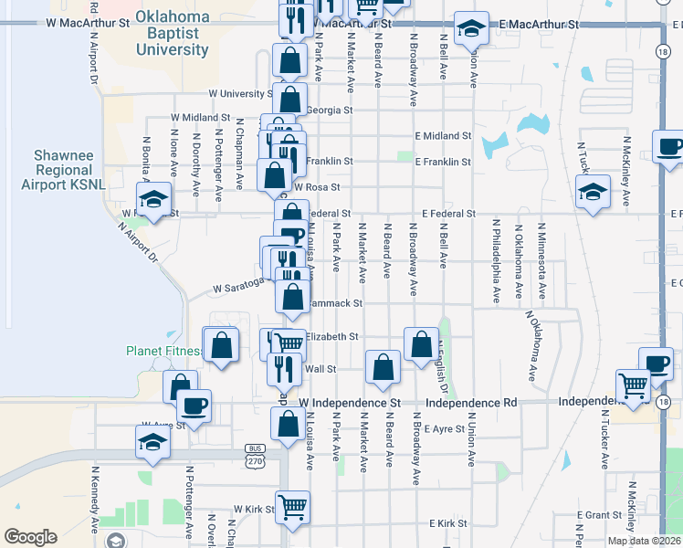 map of restaurants, bars, coffee shops, grocery stores, and more near 1825 North Park Avenue in Shawnee