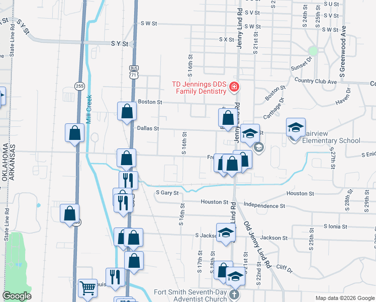 map of restaurants, bars, coffee shops, grocery stores, and more near 1601 Fresno Street in Fort Smith