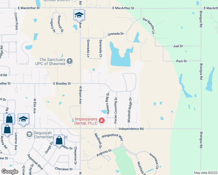 map of restaurants, bars, coffee shops, grocery stores, and more near 2604 East Bradley Street in Shawnee
