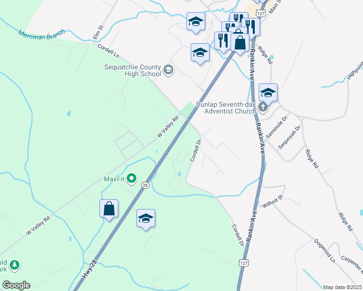 map of restaurants, bars, coffee shops, grocery stores, and more near 6808 Tennessee 28 in Dunlap