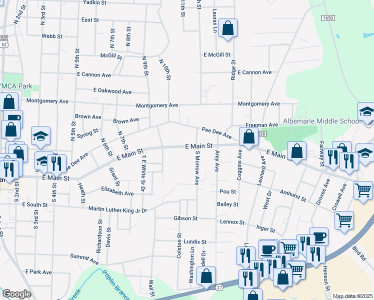map of restaurants, bars, coffee shops, grocery stores, and more near 1050 East Main Street in Albemarle